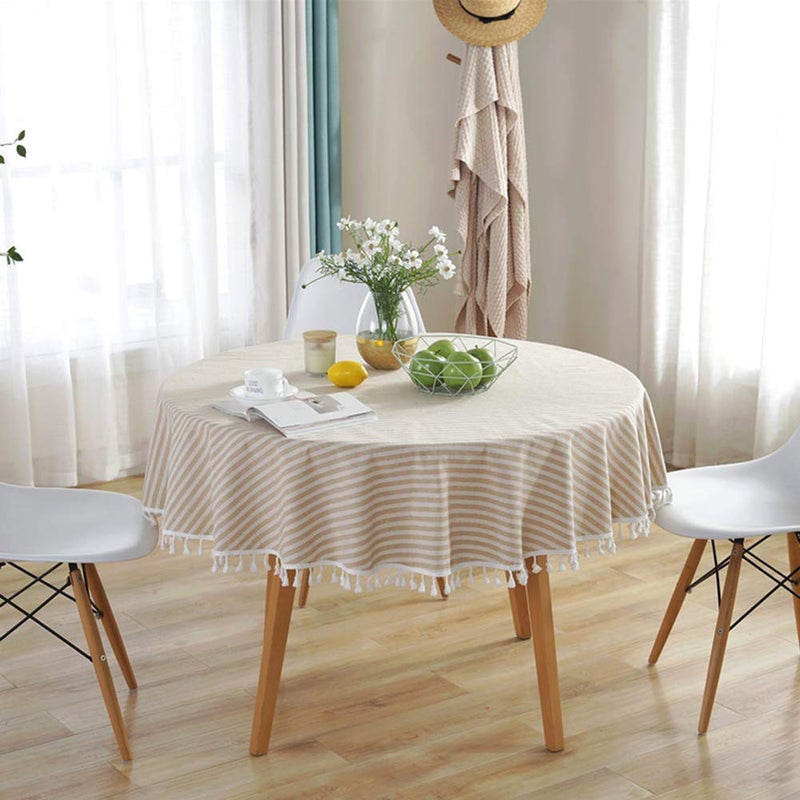 AMZALI Stripe Tassel Tablecloth Cotton Linen Table Cloth Stain Resistant Dust-Proof Table Cover for Kitchen Dinning Tabletop Home Decoration (Round 60 Inch, Beige) - Image 3